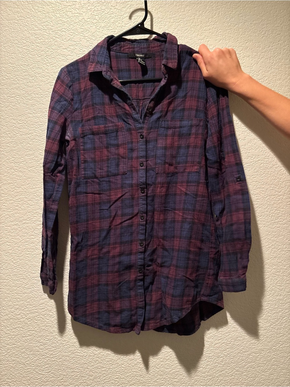 Forever 21 Men’s Plaid Long-Sleeve Button Down in Purple and Blue